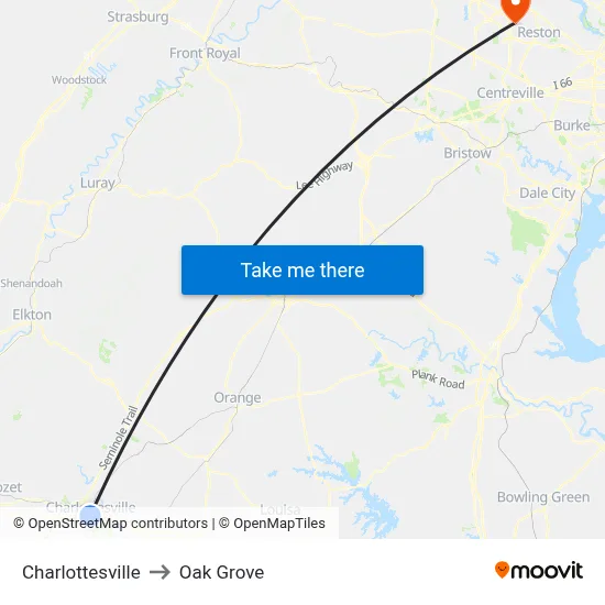 Charlottesville to Oak Grove map