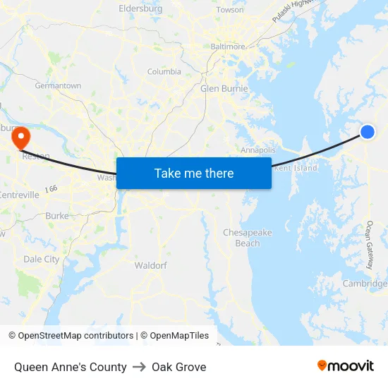 Queen Anne's County to Oak Grove map