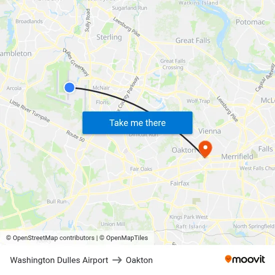 Washington Dulles Airport to Oakton map