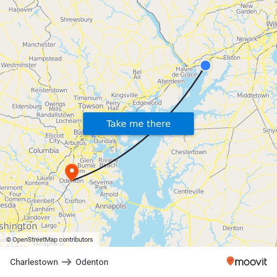 Charlestown to Odenton map