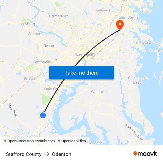 Stafford County to Odenton map