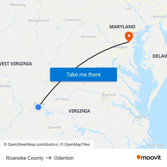Roanoke County to Odenton map