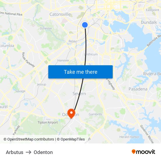 Arbutus to Odenton map