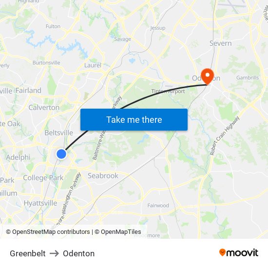 Greenbelt to Odenton map