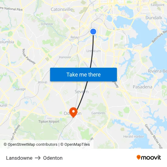 Lansdowne to Odenton map