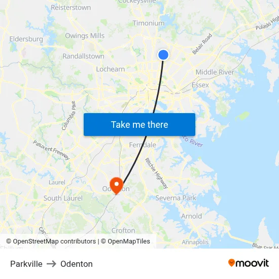Parkville to Odenton map
