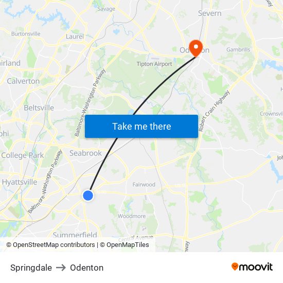 Springdale to Odenton map