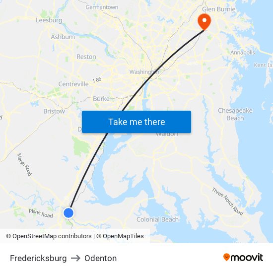 Fredericksburg to Odenton map