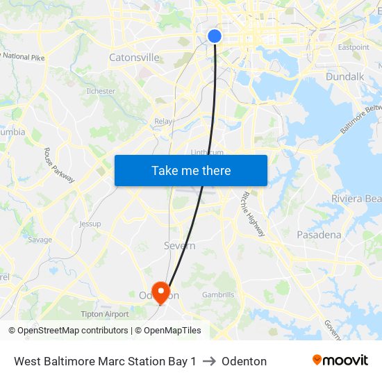 West Baltimore Marc Station Bay 1 to Odenton map