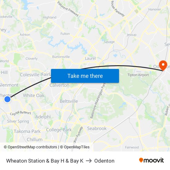 Wheaton Station  & Bay H & Bay K to Odenton map