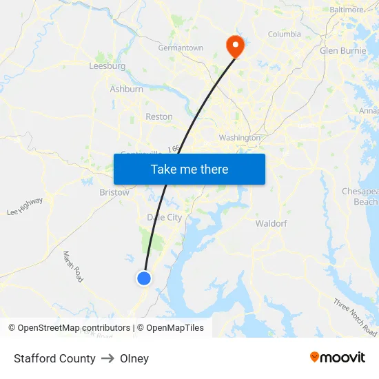 Stafford County to Olney map
