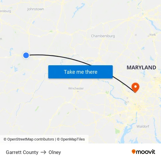 Garrett County to Olney map