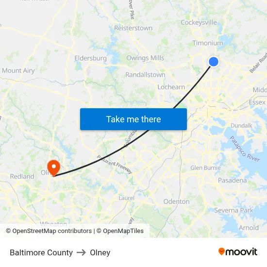 Baltimore County to Olney map