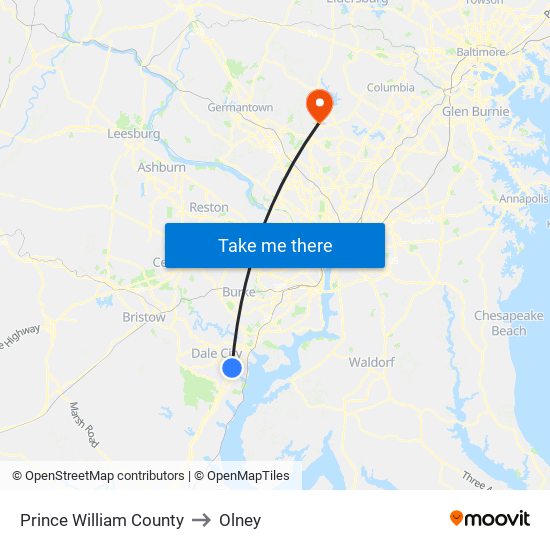 Prince William County to Olney map