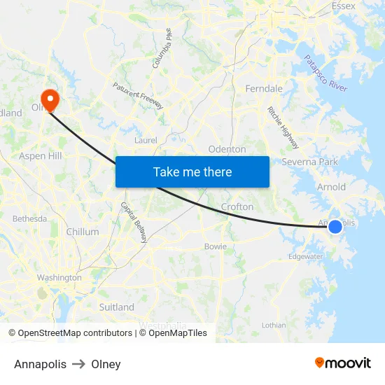 Annapolis to Olney map