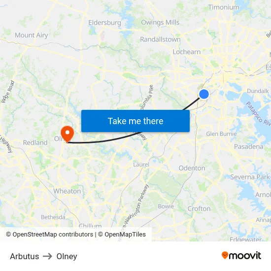 Arbutus to Olney map