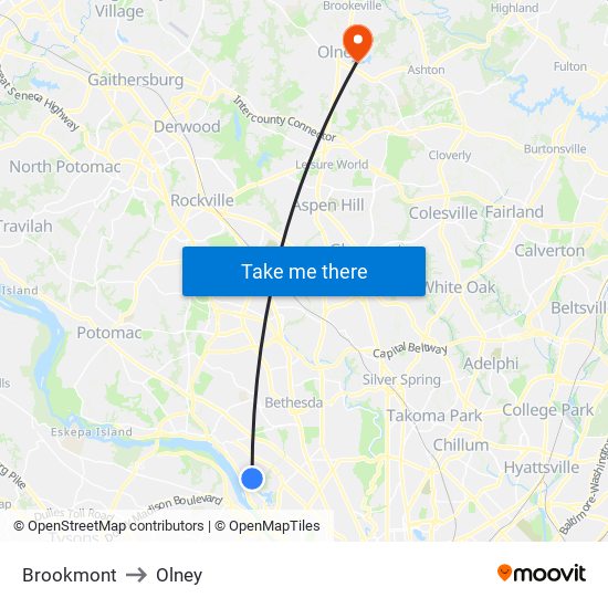 Brookmont to Olney map