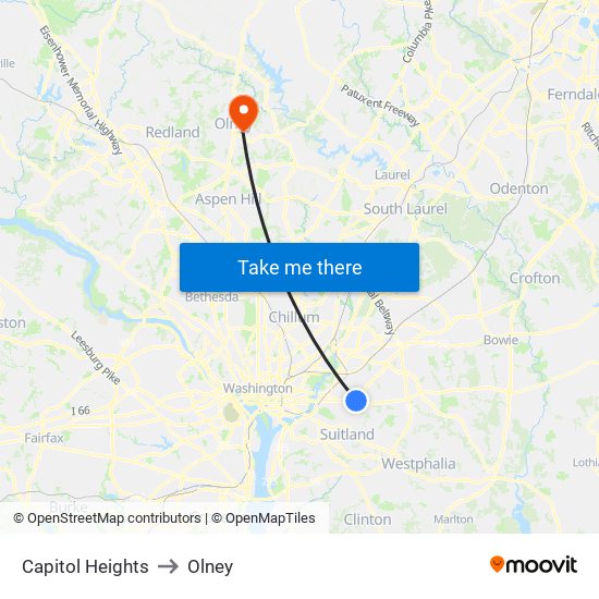 Capitol Heights to Olney map