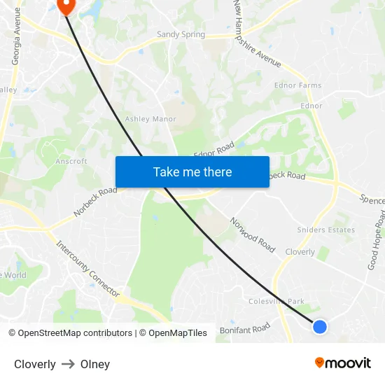 Cloverly to Olney map