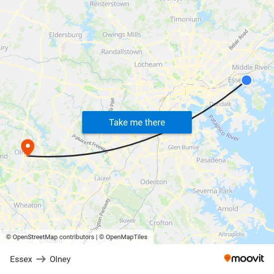 Essex to Olney map