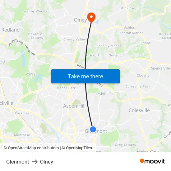 Glenmont to Olney map