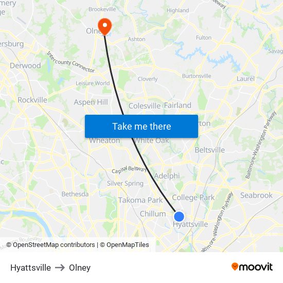 Hyattsville to Olney map