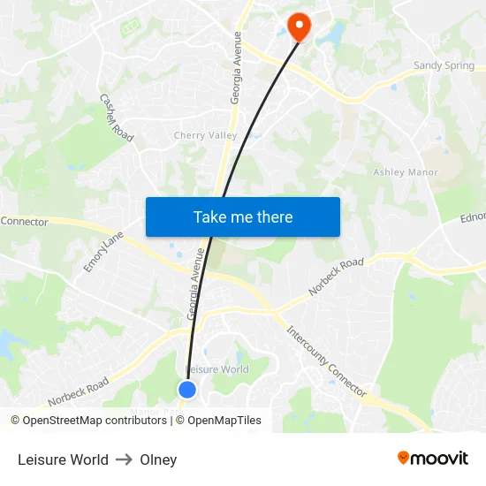 Leisure World to Olney map