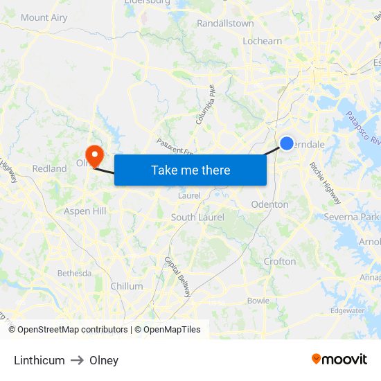 Linthicum to Olney map