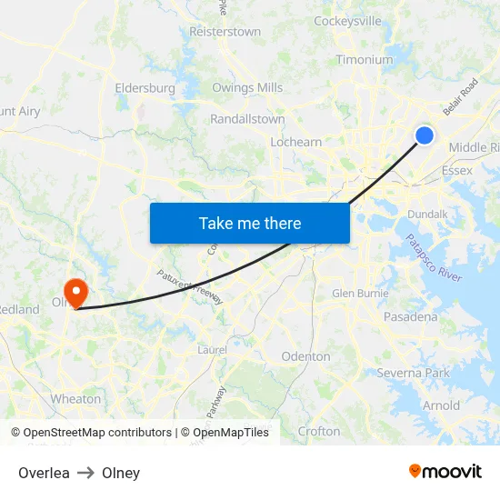 Overlea to Olney map