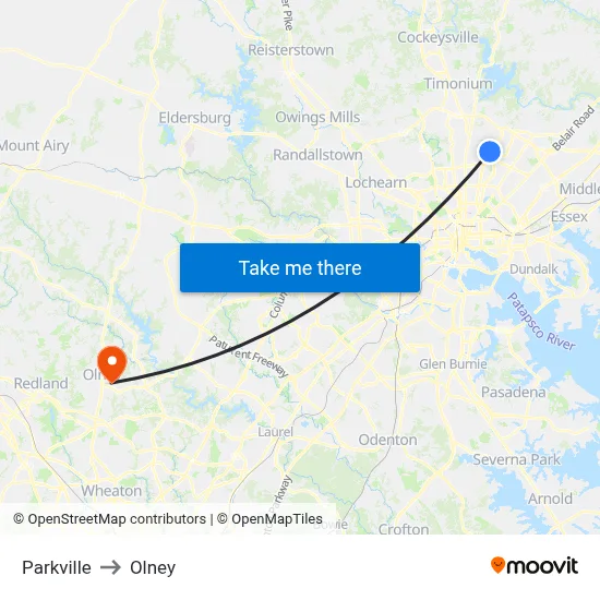 Parkville to Olney map