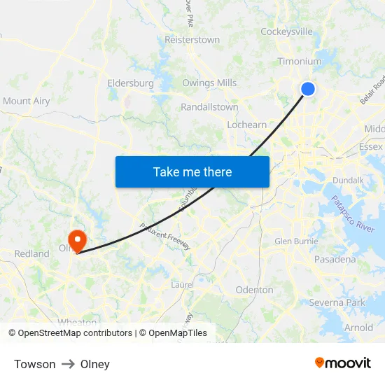 Towson to Olney map