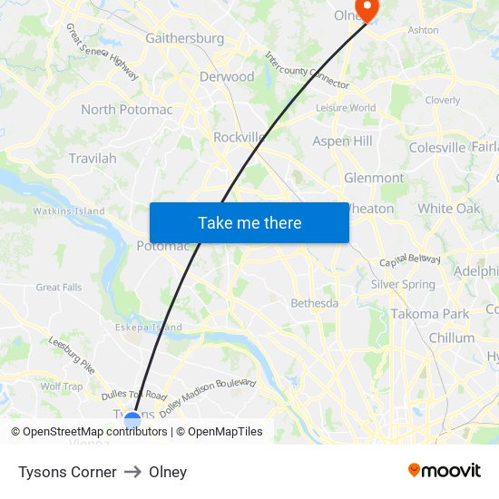 Tysons Corner to Olney map