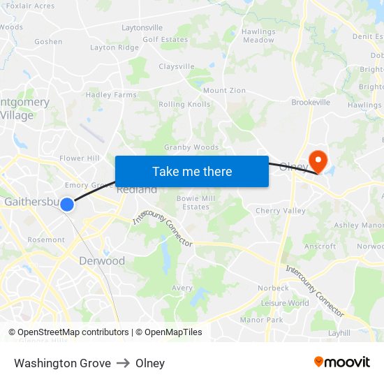 Washington Grove to Olney map