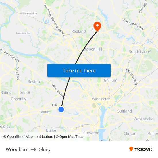 Woodburn to Olney map