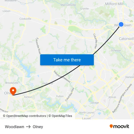Woodlawn to Olney map