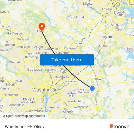 Woodmore to Olney map