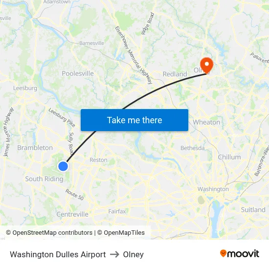 Washington Dulles Airport to Olney map