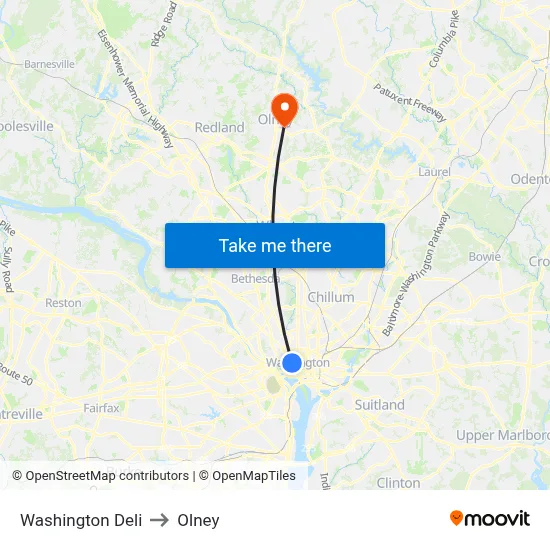 Washington Deli to Olney map
