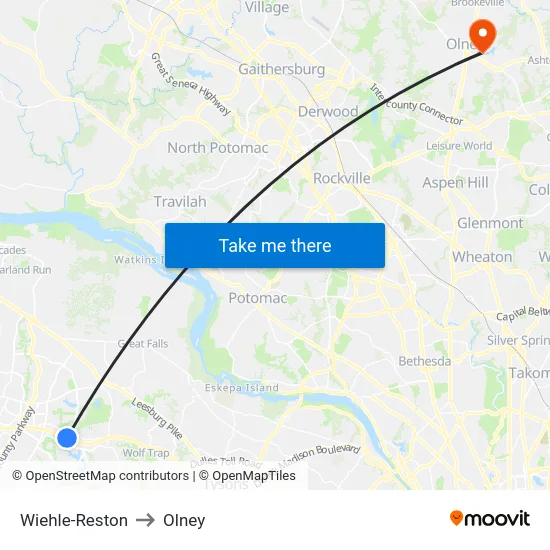 Wiehle-Reston to Olney map