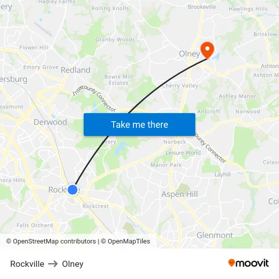 Rockville to Olney map