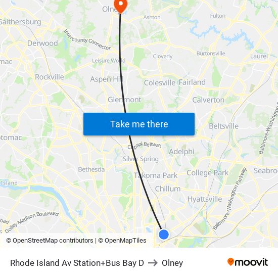 Rhode Island Ave-Brentwood+Bay D to Olney map