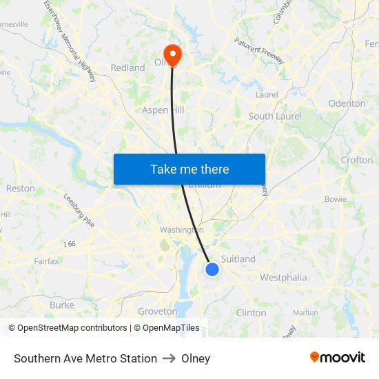 Southern Ave Metro Station to Olney map