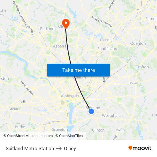 Suitland Metro Station to Olney map