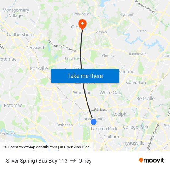 Silver Spring+Bay 113 to Olney map