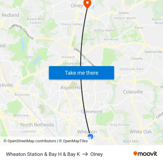 Wheaton Station  & Bay H & Bay K to Olney map
