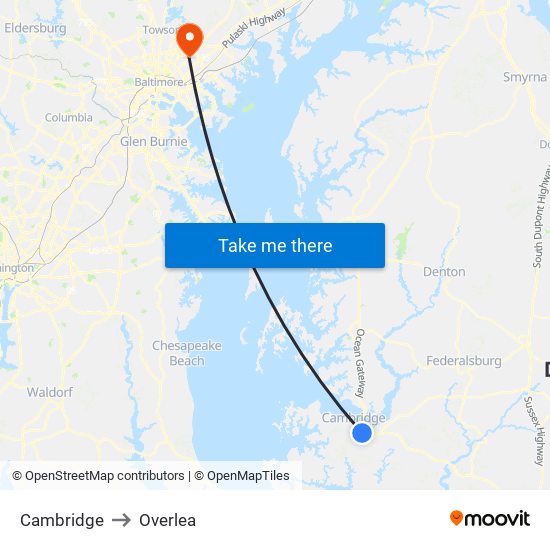 Cambridge to Overlea map