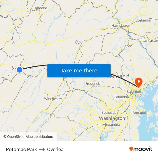 Potomac Park to Overlea map