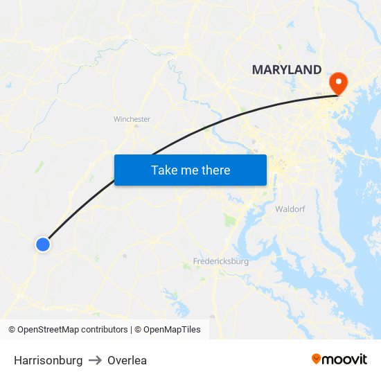 Harrisonburg to Overlea map