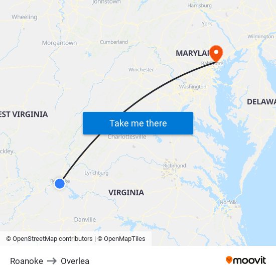 Roanoke to Overlea map