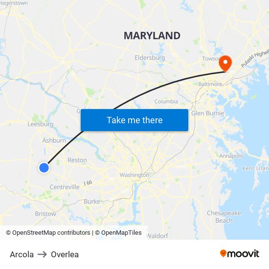 Arcola to Overlea map